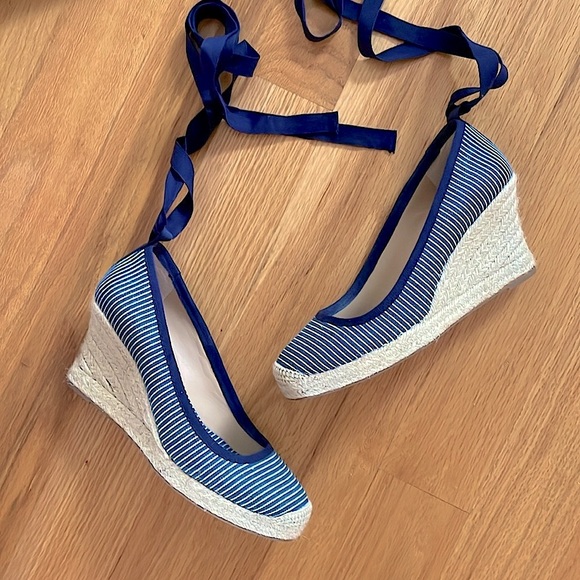 J. Crew Shoes - NIB J. Crew Seville Canvas Espadrille wedge ankle tie Blue & White stripes 7.5